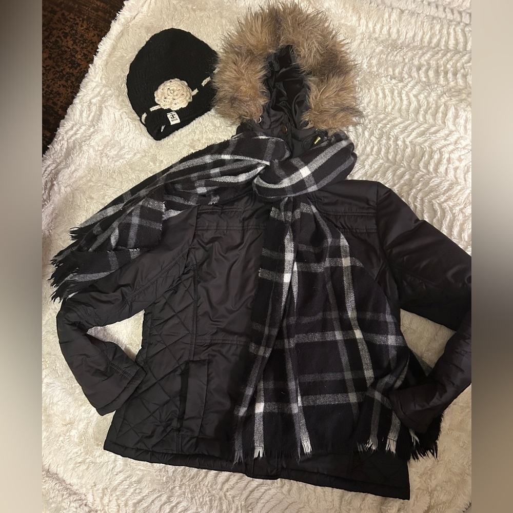 Winter coat (hot kiss LG), hat (kohls), scarf,  all in black and white.